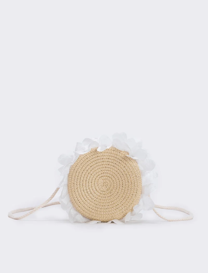 Borsetta rotonda in paglia con rouche bambina - Bianco natural