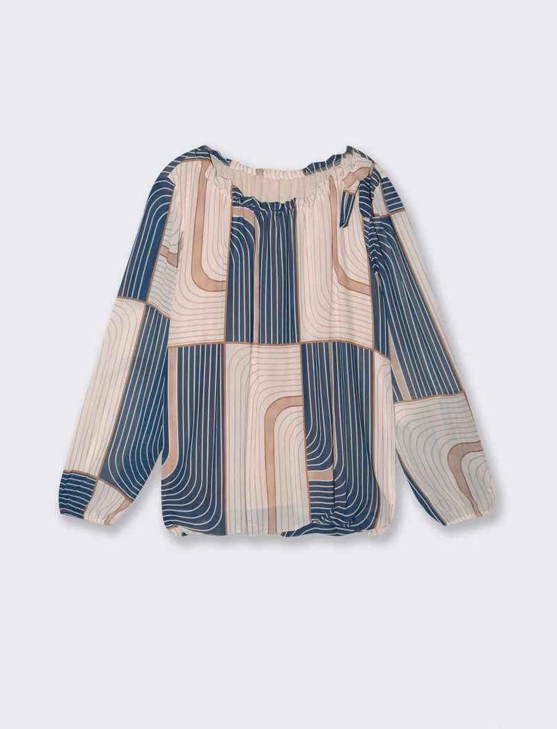 Blusa con stampa e fiocco sull'orlo - Blu