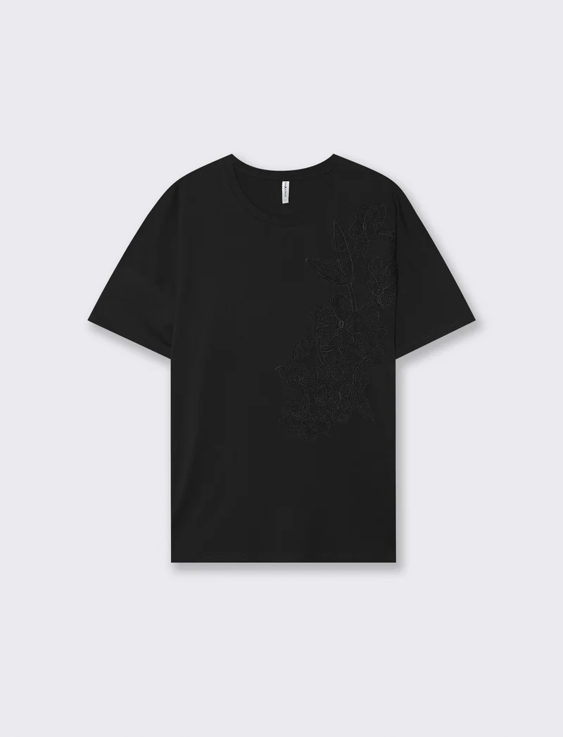 T-shirt basic con ricamo floreale tono su tono - Nero