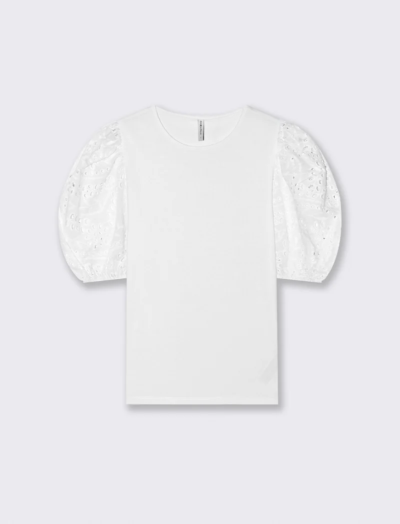 T-shirt in cotone con maniche in pizzo - Bianco