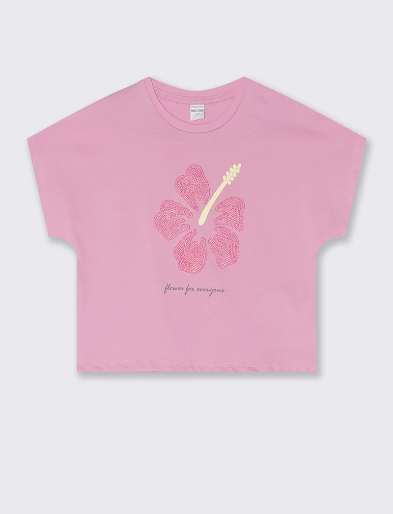 T-Shirt Over in Cotone con Ricamo Fiore - Rosa