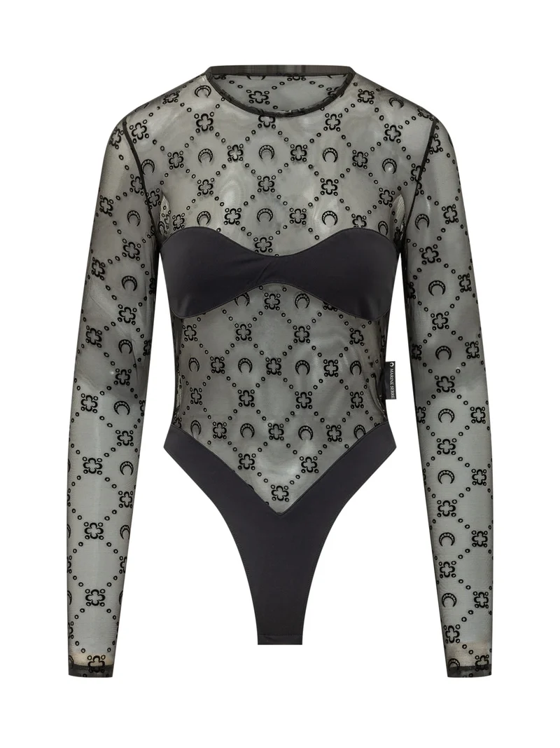 Body a Maniche Lunghe in Tulle Ricamato