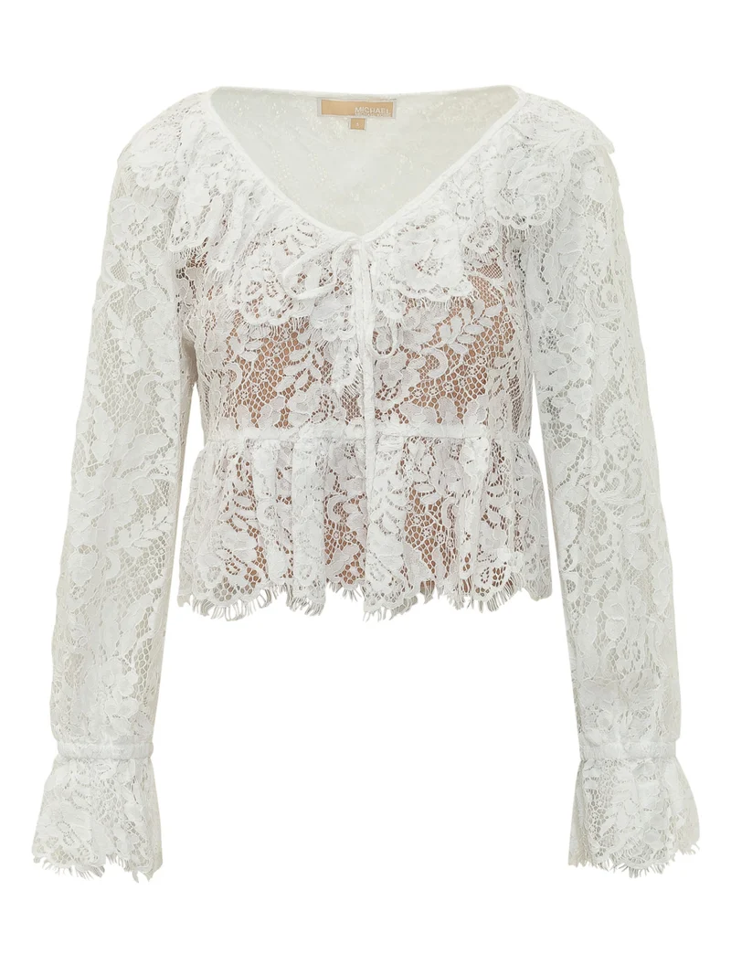 Top in Pizzo con Scollo a V e Maniche Lunghe