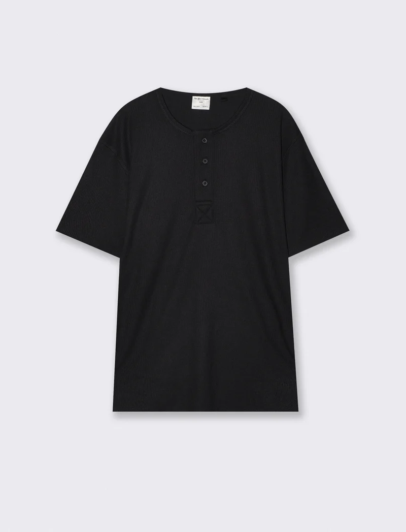 T-shirt Serafino Misto Viscosa Elasticizzata - Nero