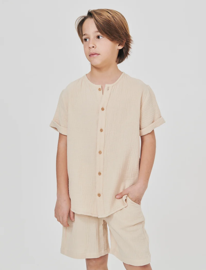 Camicia rigata in cotone e lino - Beige
