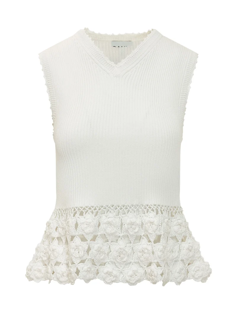 Top in Maglia a Coste con Inserto Crochet Floreale