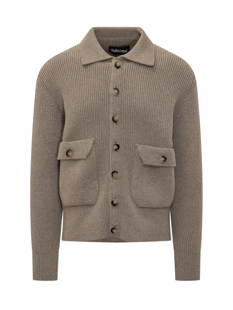 Cardigan Albarena in Maglia Beige con Tasche Frontali