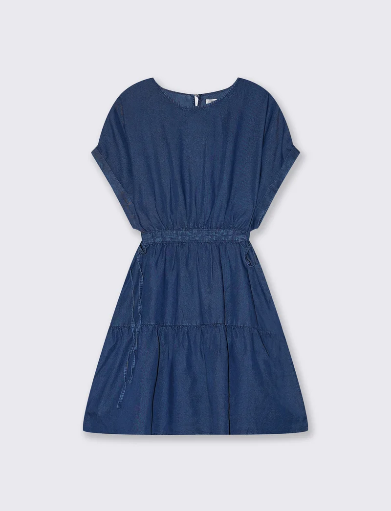 Vestito in Lyocell con coulisse e balza - DENIM SCURO