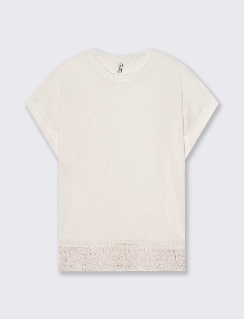 T-Shirt Manica Corta con Pizzo e Risvolto - Avorio