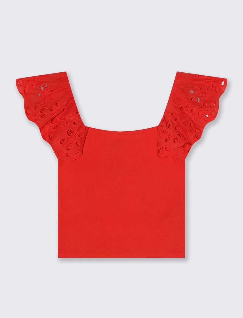 Top con pizzo e scollo quadrato a coste - Corallo