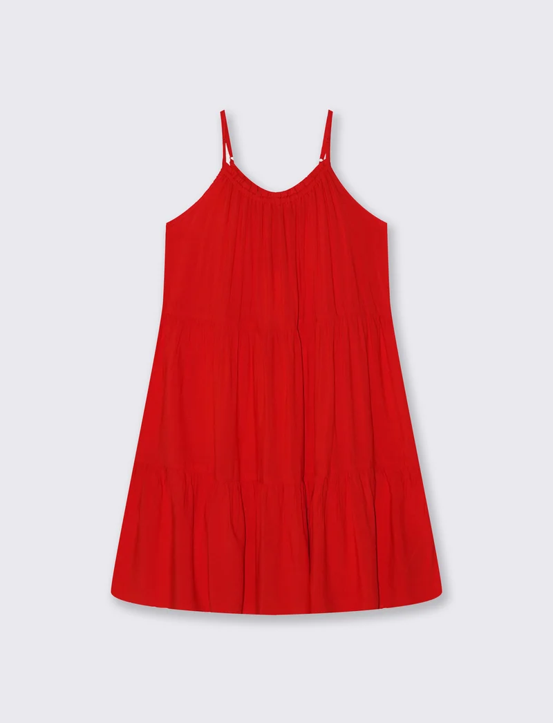 Vestito corto con bretelle e balza - Corallo