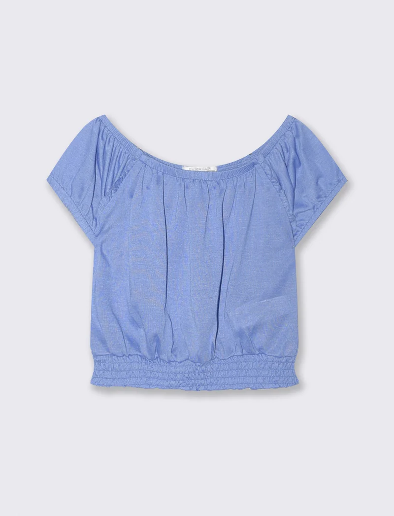 Top scollo a barca con elastico arricciato - Azzurro cielo