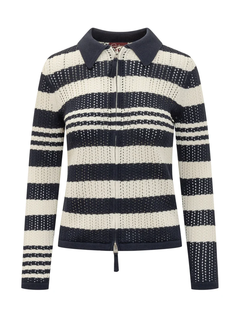 Cardigan Polo in Maglia Traforata a Righe