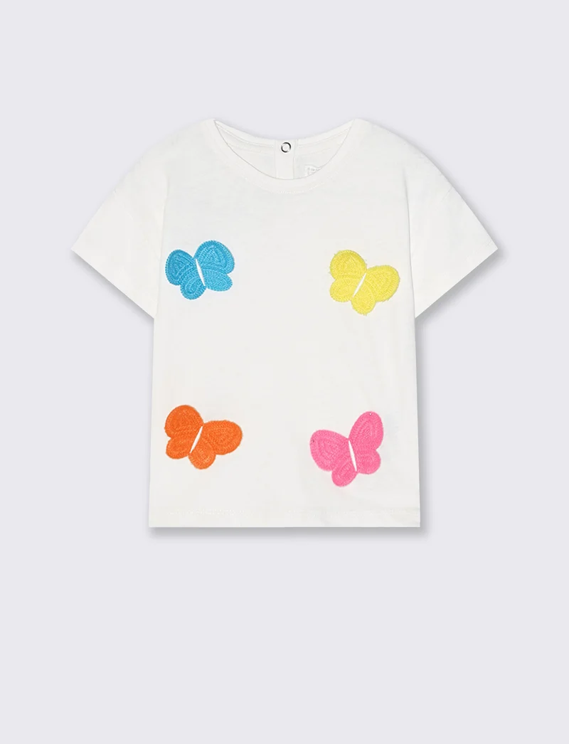 T-shirt in cotone con farfalle applicate - Bianco latte
