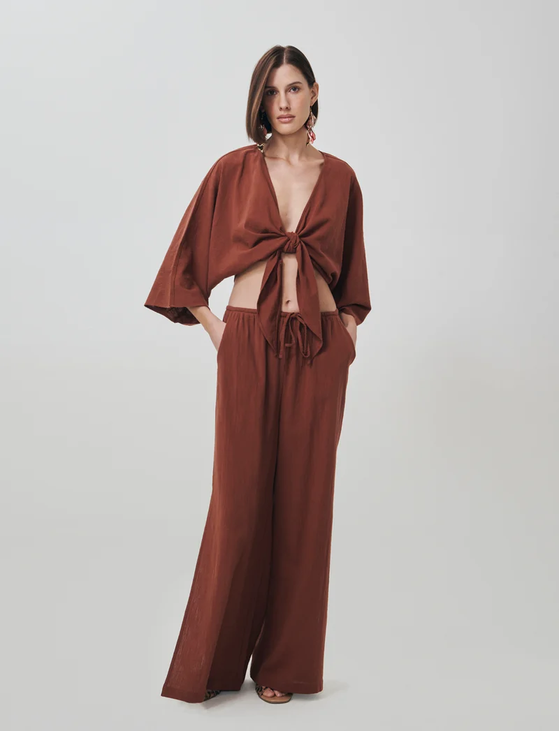 Casacca Kimono in Cotone con Nodo - Cognac