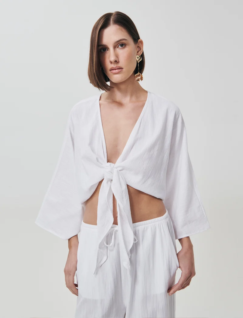 Casacca Kimono in Cotone con Nodo - Bianco