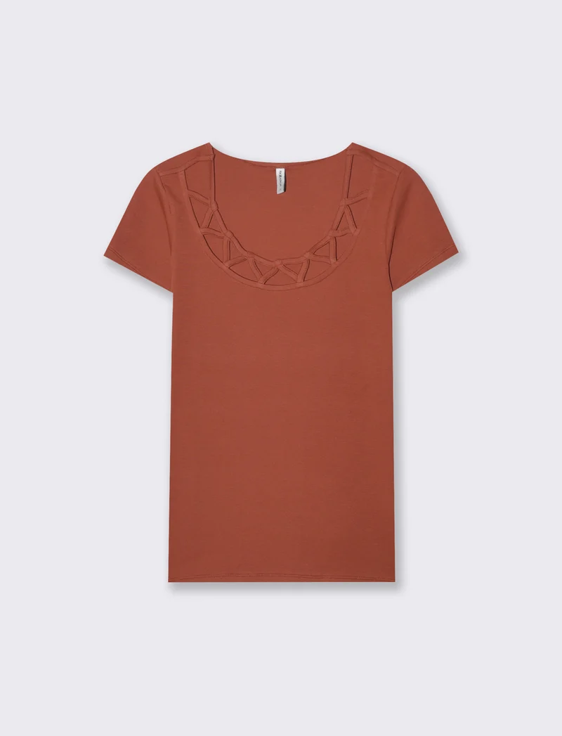 T-shirt manica corta con scollo incrociato - Cognac