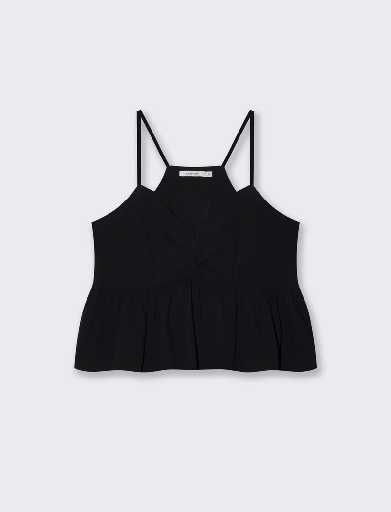 Top Arricciato con Spalline in Cotone - Nero