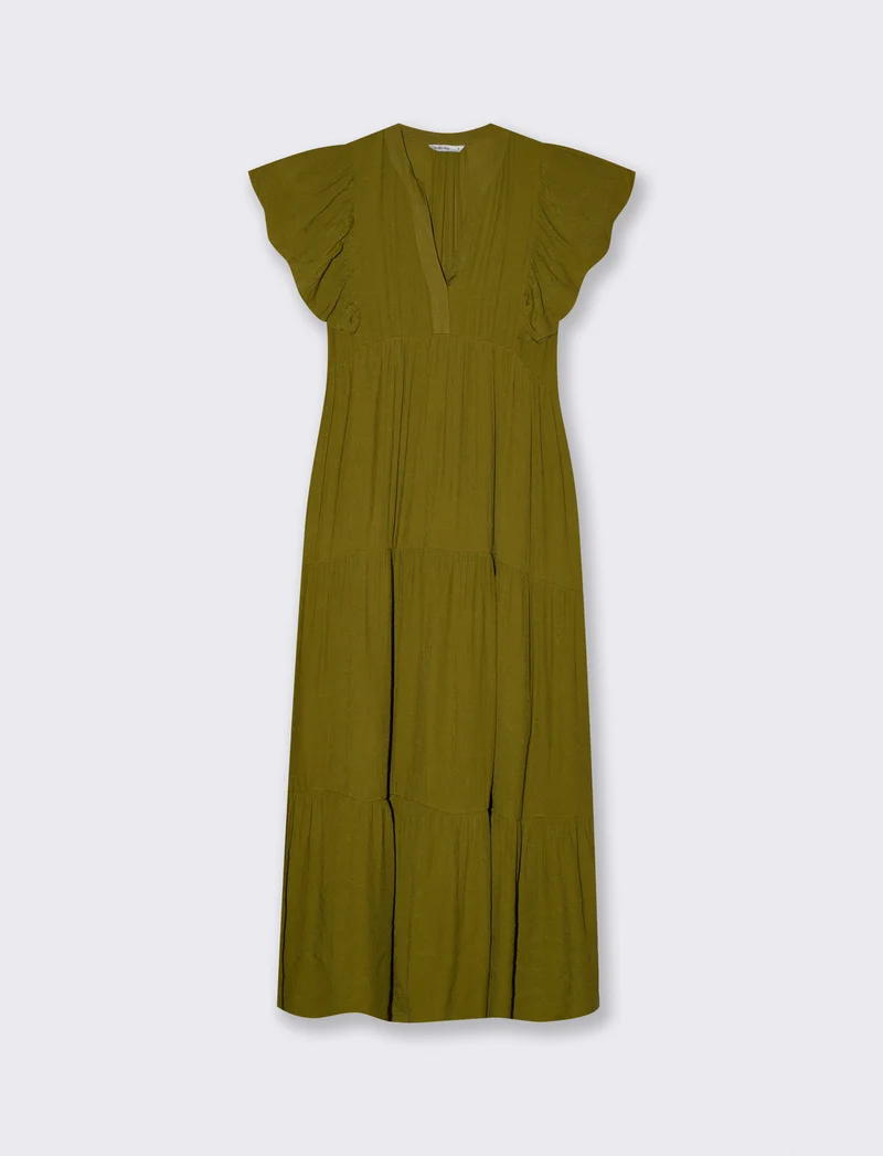 Vestito lungo con scollo a V e balze - Verde abete