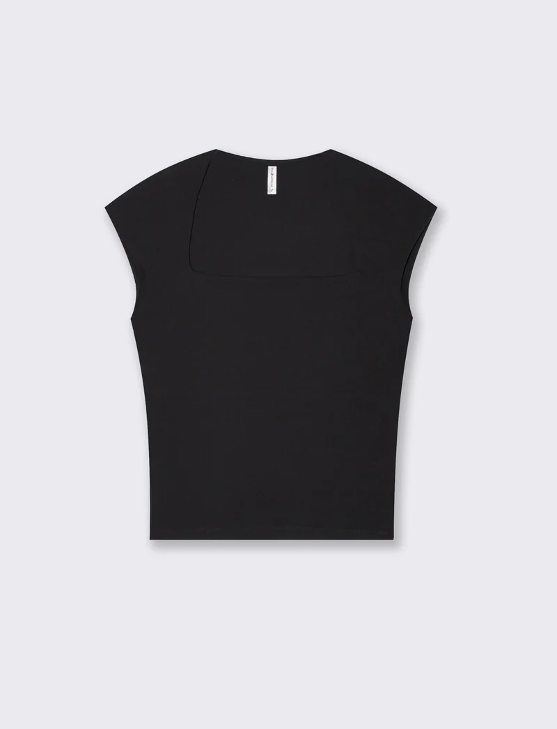 T-Shirt Slim con Spalla Scesa e Scollo Quadrato - Nero