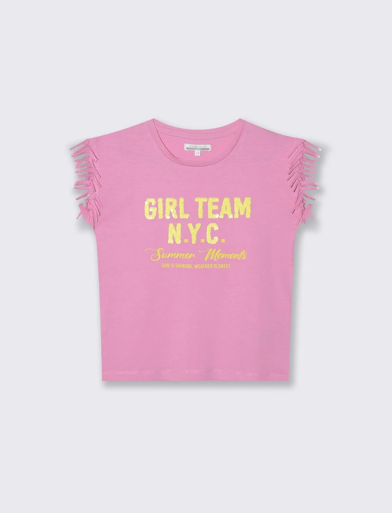 T-shirt con frange e paillettes da bambina - Rosa