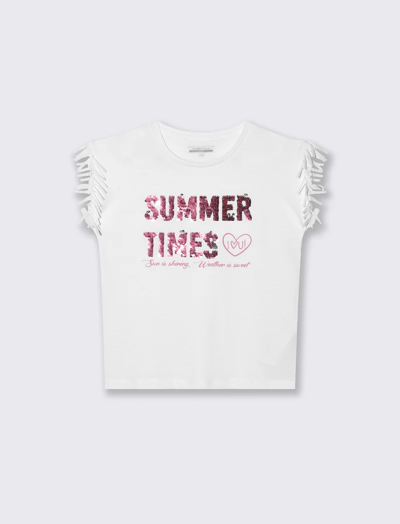 T-shirt con frange e paillettes da bambina - Bianco