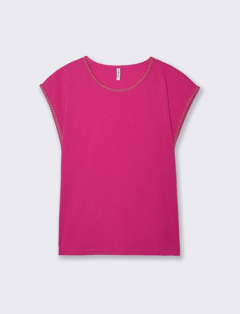T-Shirt Cotone Manica Corto con Trim - Fuxia