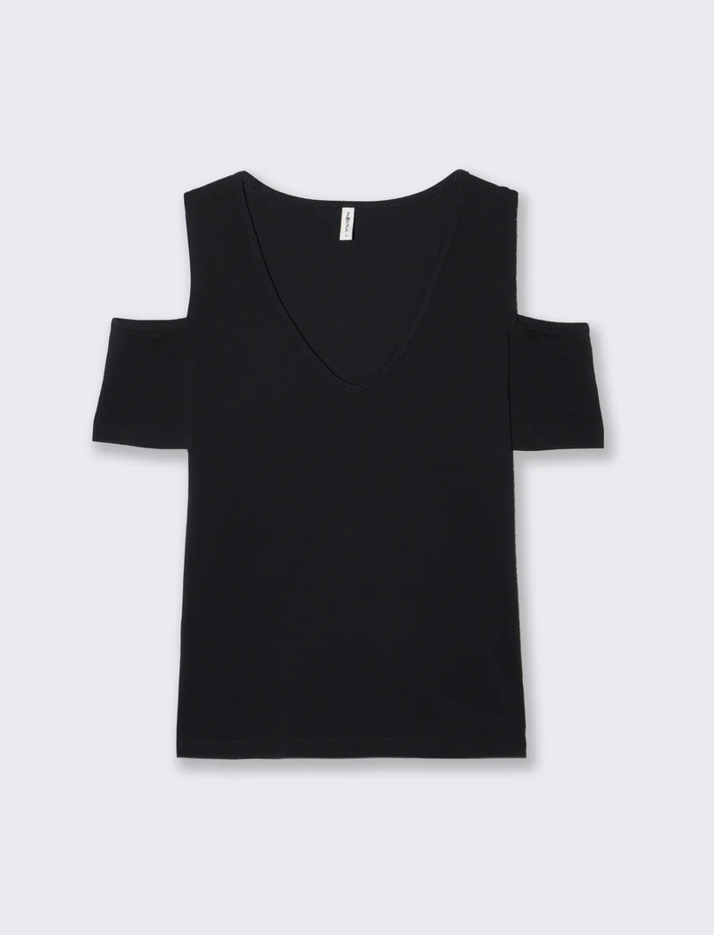 T-Shirt Scollo a V con Apertura - Nero