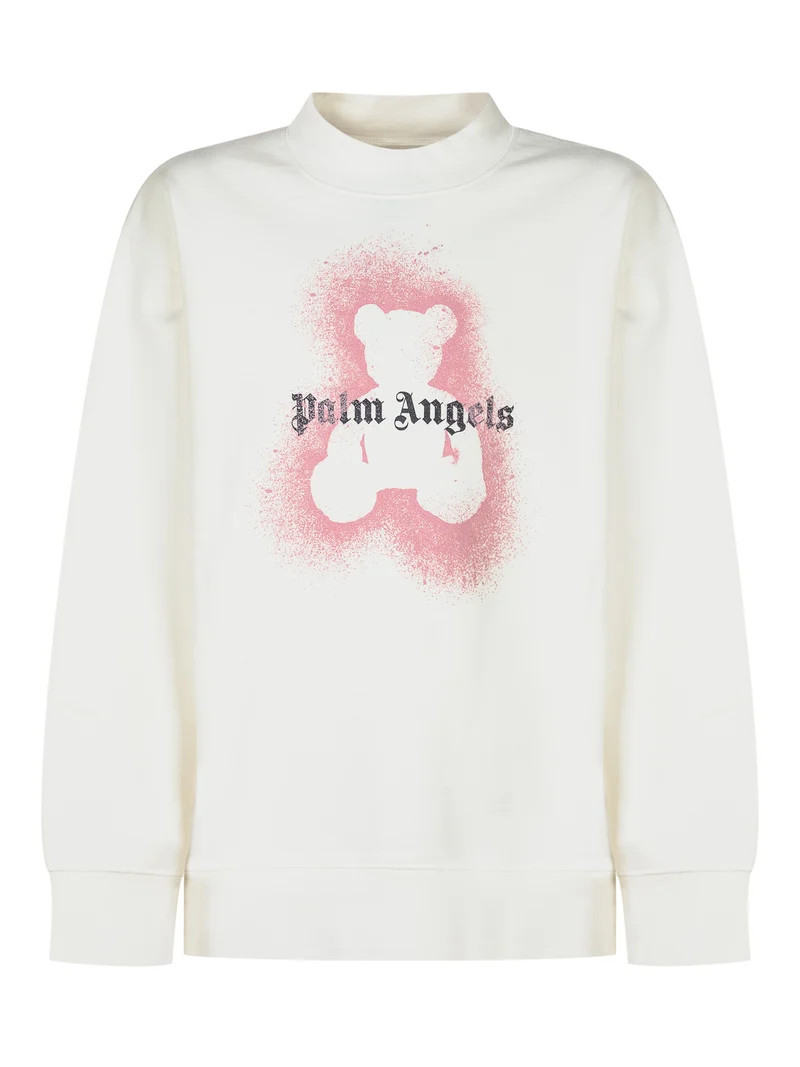 Palm Angels Kids Felpa Bianca con Orsetto Spray Rosa