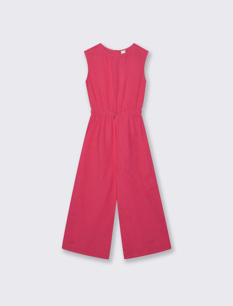 Salopette lunga in misto lino con vita elastica - Fuxia