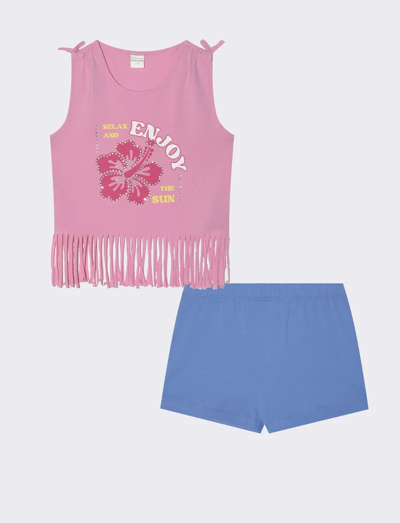 Completino in cotone elastico con frange - Rosa