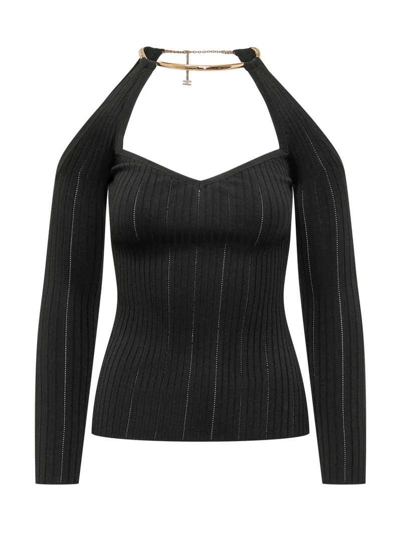 Maglia Tricot con Scollo a Cuore e Dettaglio Collo