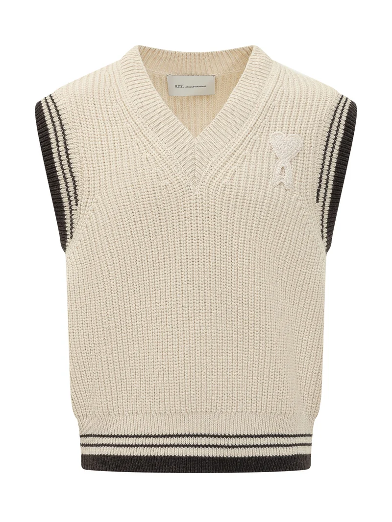 Gilet con Scollo a V in Maglia con Righe a Contrasto