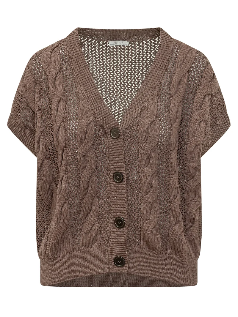 Cardigan Tricot con Lavorazione a Trecce