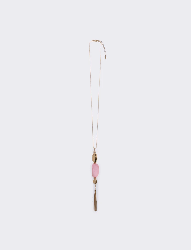Collana lunga con pietra e nappina elegante - Rosa