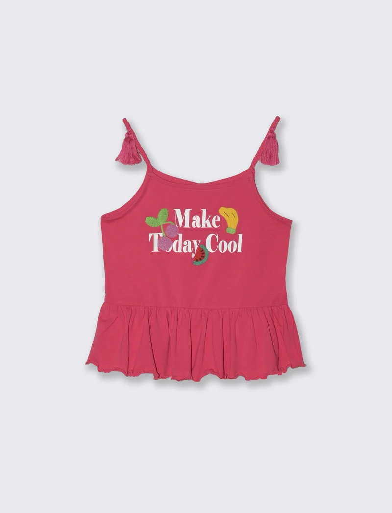 Top in cotone con bretelle e patch 3D - Fuxia