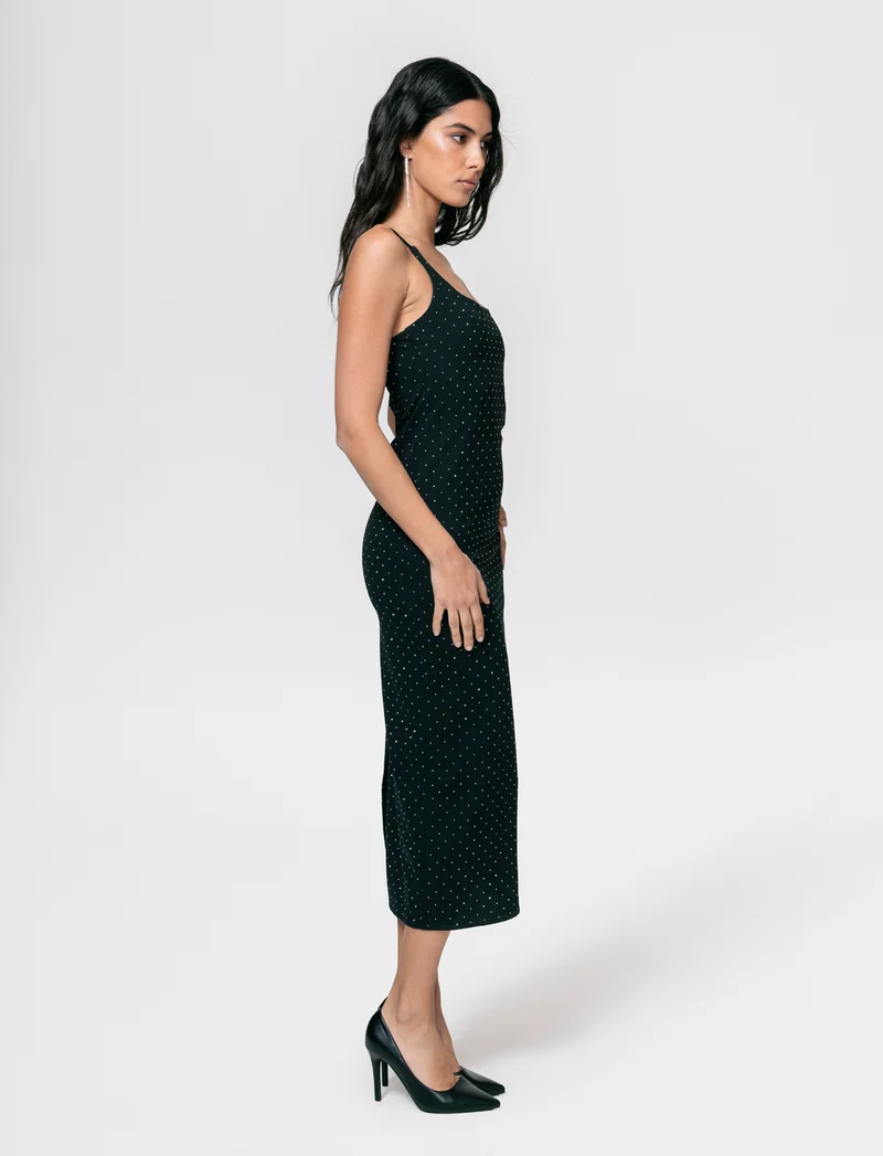 Vestito lungo con bretelline in tessuto con strass - Nero