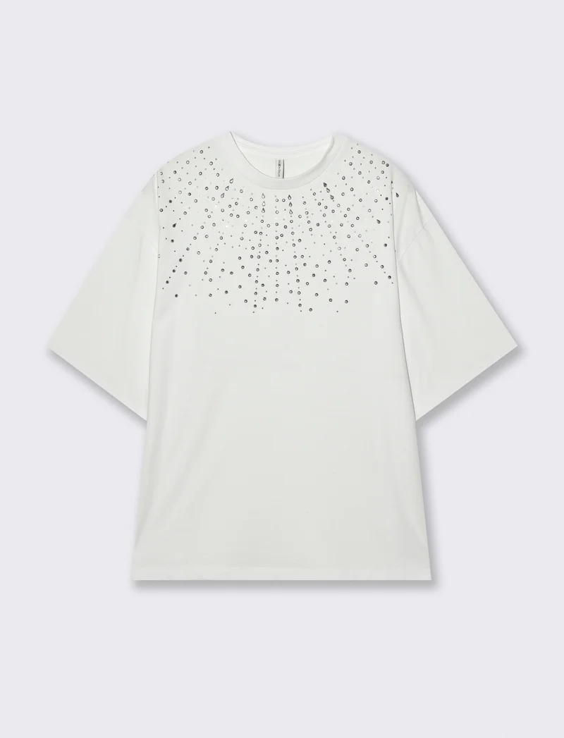 T-Shirt Manica Corta con Strass - Bianco