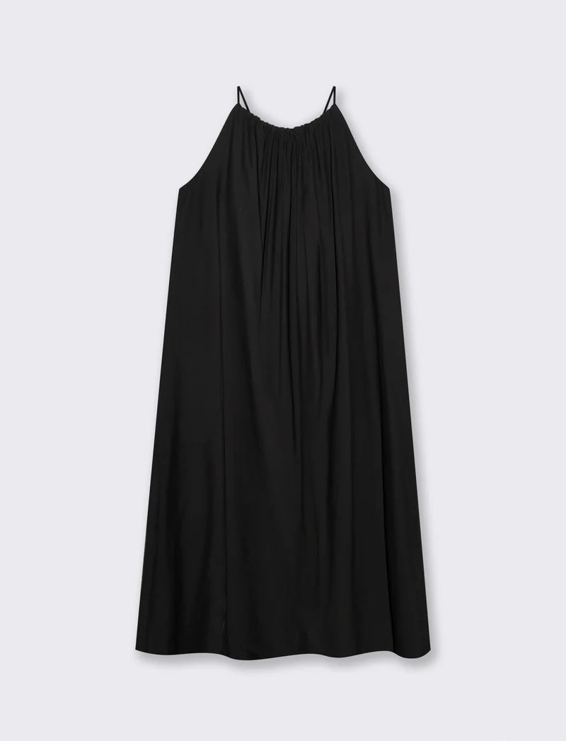 Vestito lungo con collo arricciato e svasato - Nero