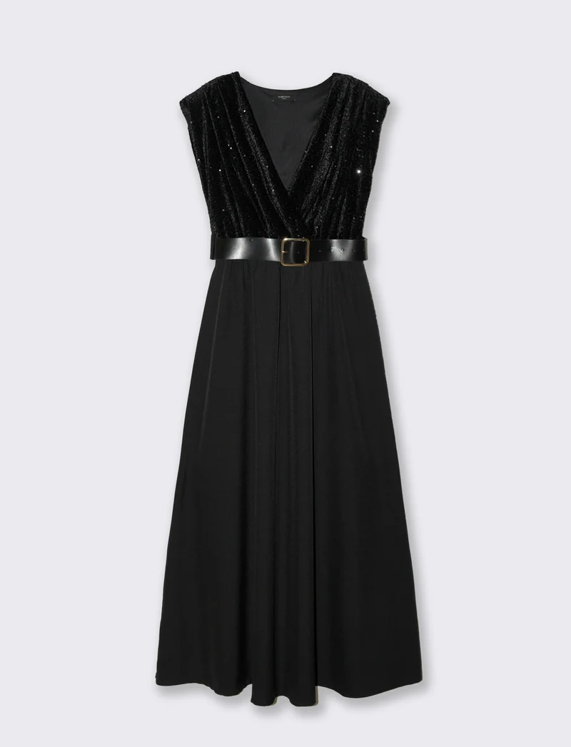 Vestito con doppio tessuto e cintura, paillettes e tessuto unito - Nero