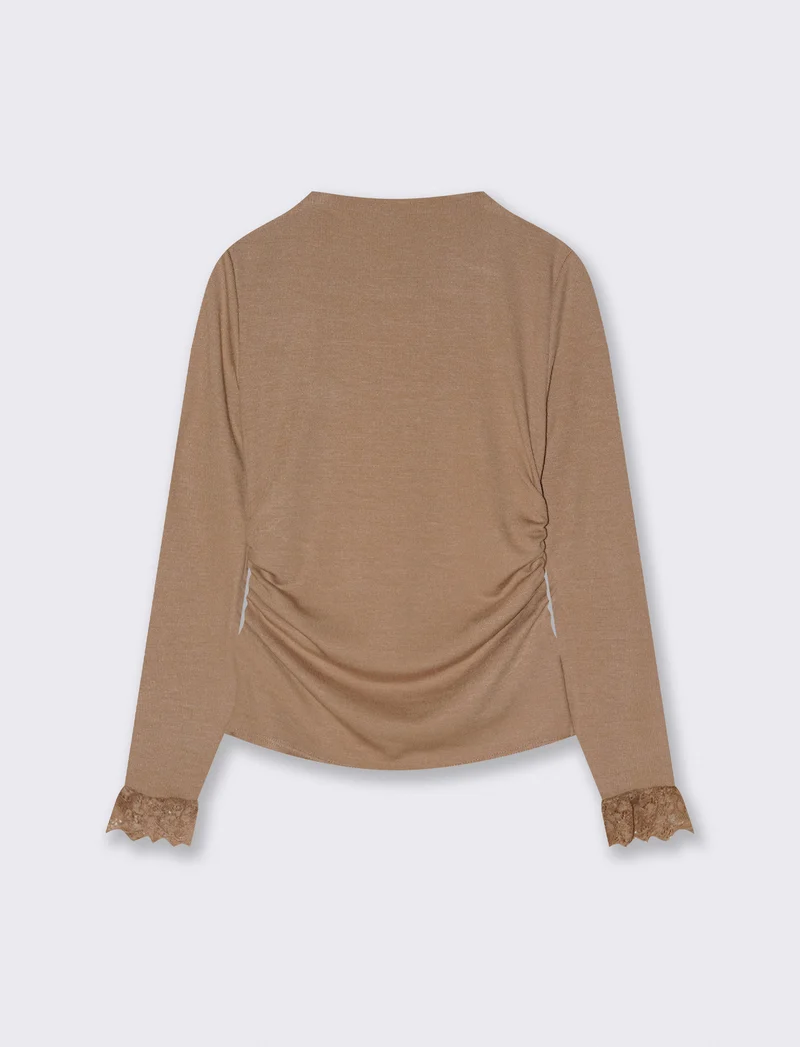 Tshirt manica lunga con pizzo a fondo manica - Cammello