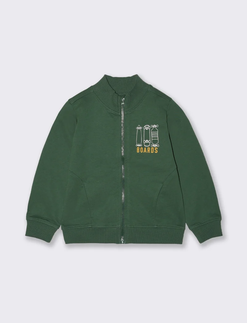 Felpa basica con zip e stampa petto - Verde abete