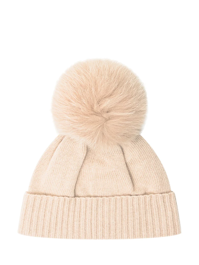 Exterior Cappello in Cashmere Beige con Pompon
