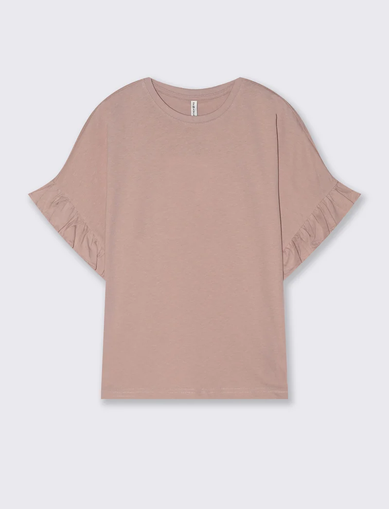 T-Shirt Girocollo Mezza Manica con Ruches - Rosa antico
