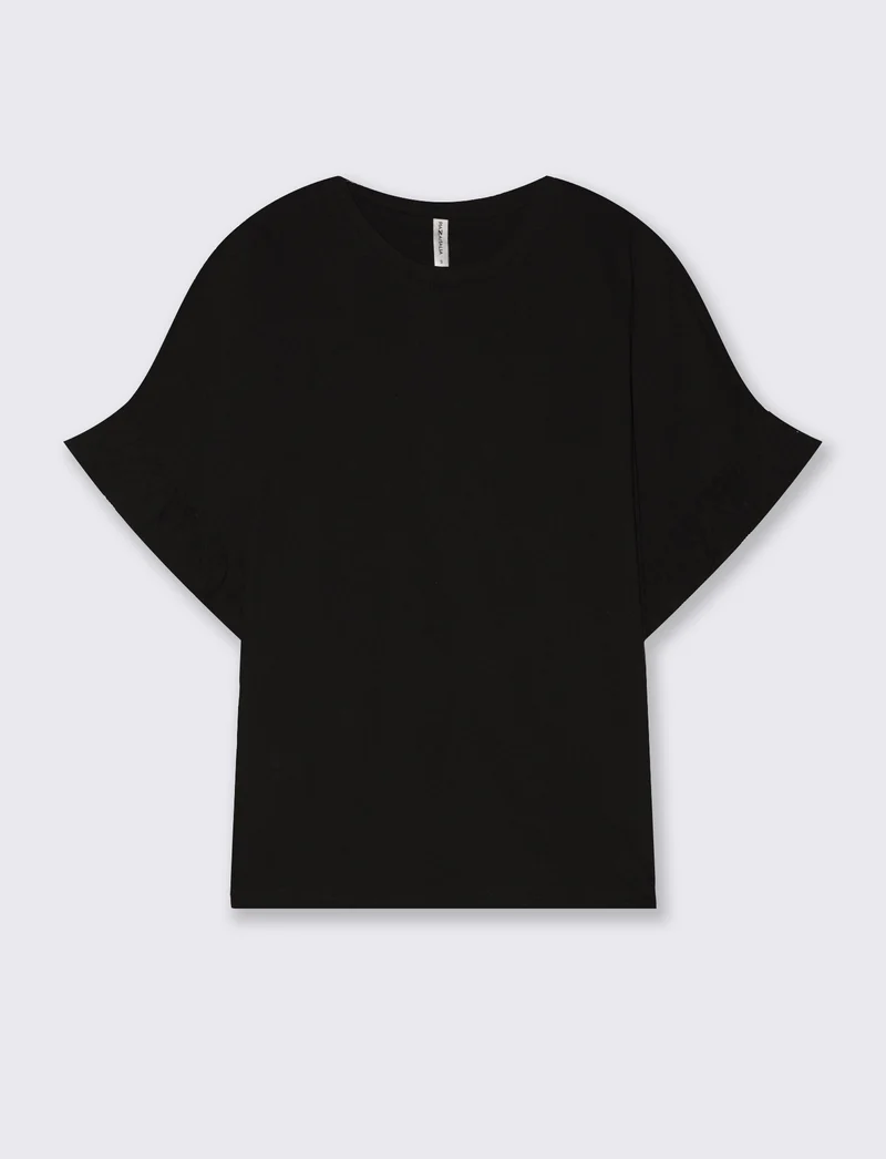 T-Shirt Girocollo Mezza Manica con Ruches - Nero