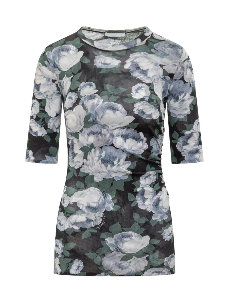 Top in Mesh a Fiori a Maniche Corte