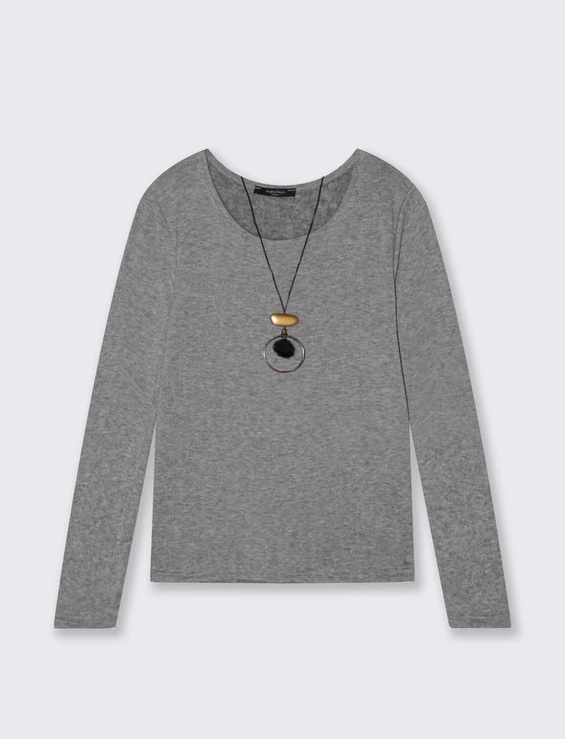 Tshirt manica lunga in tessuto pesante con collana - Grigio mel.