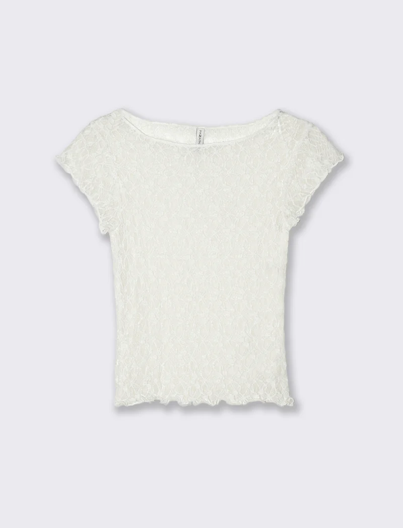 T-shirt in pizzo con scollo a barca - Avorio