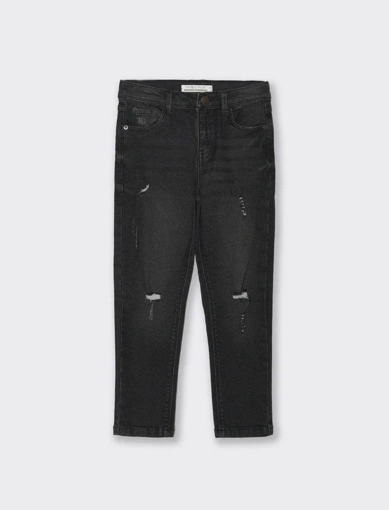Jeans 5 tasche con rotture e vita elastica - Nero