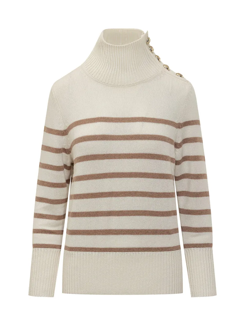 Maglione a Righe Beige in Cashmere con Bottoni Kujten
